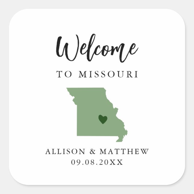 Jede Farbe Missouri Hochzeitungs-Begrüßungstasche  Quadratischer Aufkleber (Vorderseite)
