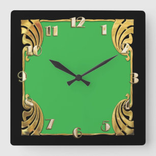 Jede Farbe mit Schwarz-Art-Deco-Gold-Design Quadratische Wanduhr