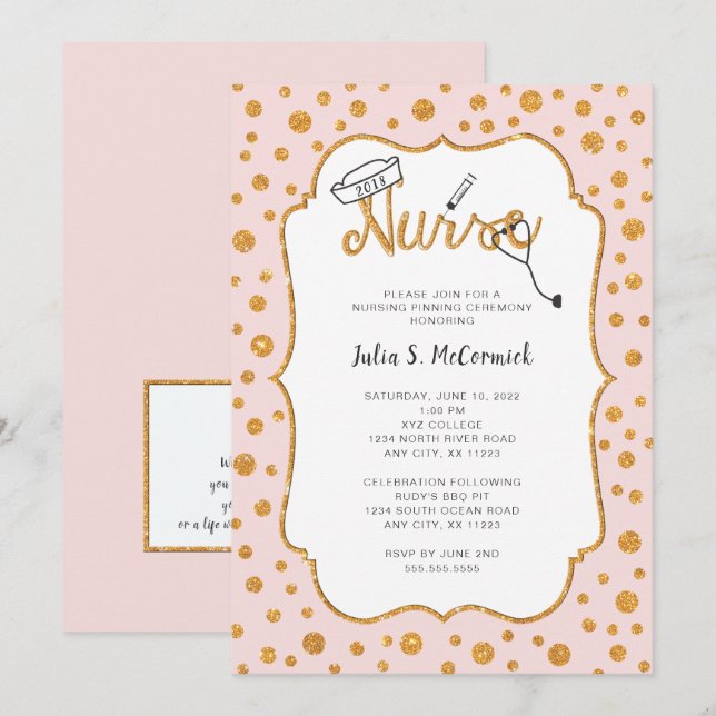 JEDE FARBE Nurse Abschluss Pinning + Imitat Gold Einladung (Vorne/Hinten)