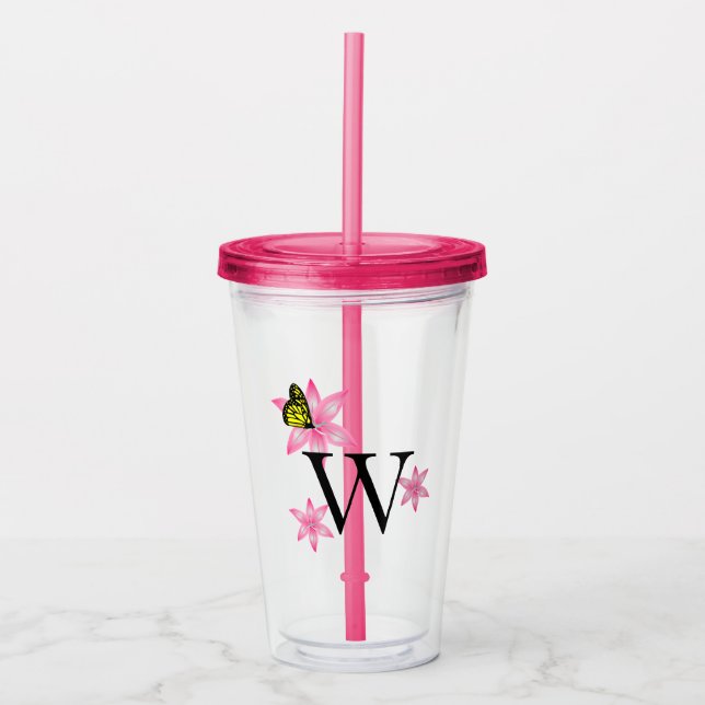 Jede Letter Pink Floral Acrylic Tumbler Acryltrinkbecher (Vorderseite)