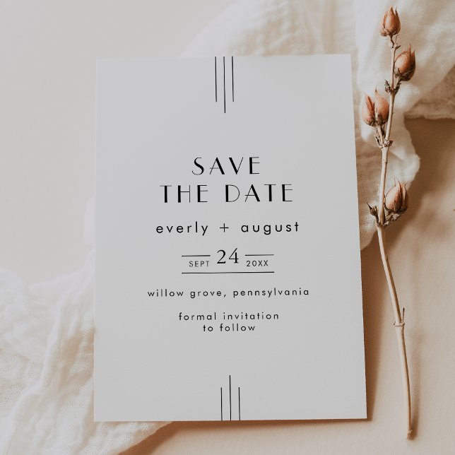 JEDE Minimalistische Art Deco Save The Date (EVERLY Minimalist Art Deco White and Black Wedding Save The Date)