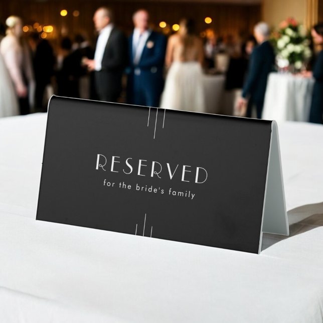 JEDE MODERNE Art Déco Black Wedding vorbehalten Tischaufsteller (EVERLY Modern Art Deco Black Wedding Reserved Table Tent Sign)