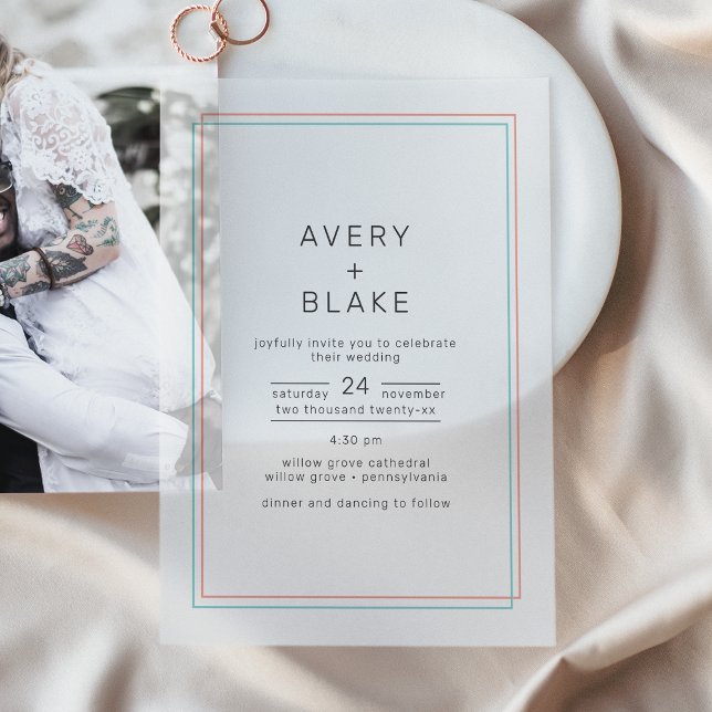 JEDE moderne Korallenhochzeit und Aquamarine Grenz (AVERY Modern Coral and Teal Border Wedding Vellum Invitations)