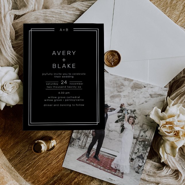 JEDE moderne Schwarz-Monochrome-Foto-Hochzeit Einladung (AVERY Modern Black Monochrome Photo Wedding Invitation)