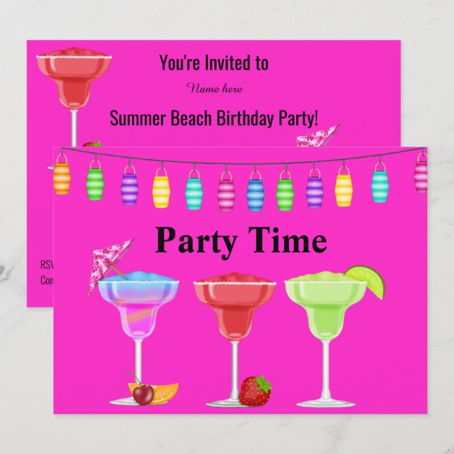 JEDEN ANLASS BEACH COCKTAIL PARTY FLURO PINK EINLADUNG (Vorne/Hinten)