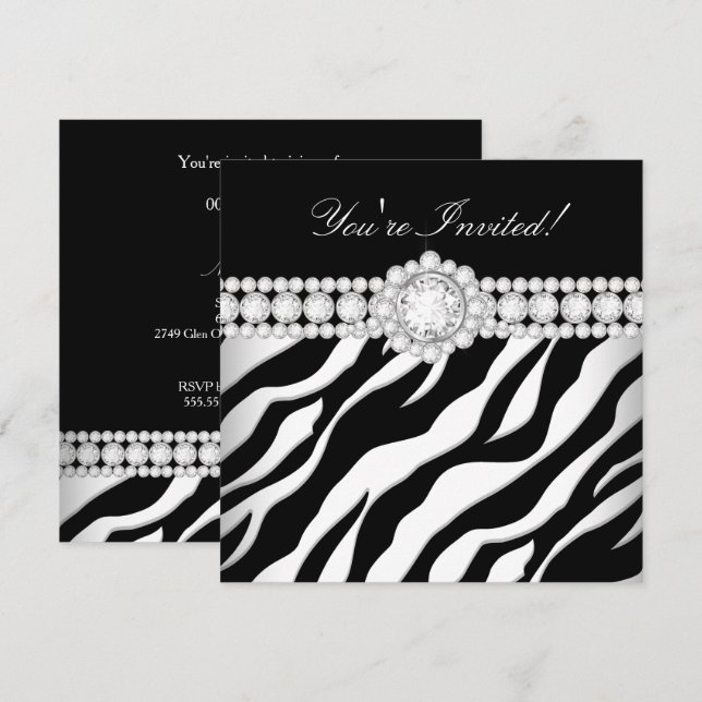 Jeden Anlaß Diamond Trim Schwarz-weiß Zebra Party Einladung (Vorne/Hinten)