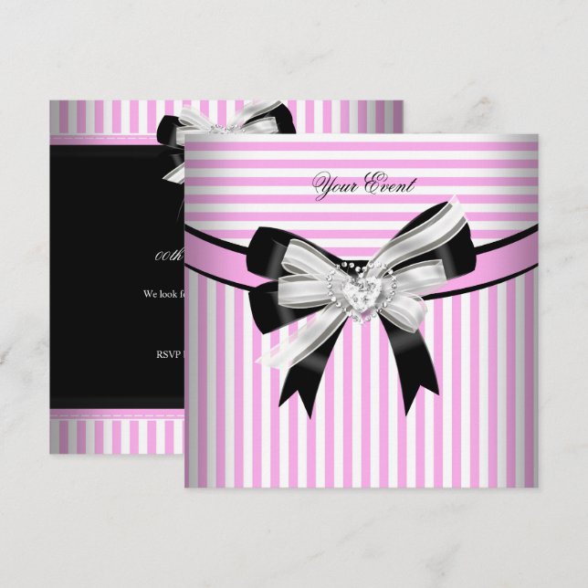 Jeden Anlaß Party Rosa Schwarz-weiß Stripe (2) Einladung (Vorne/Hinten)
