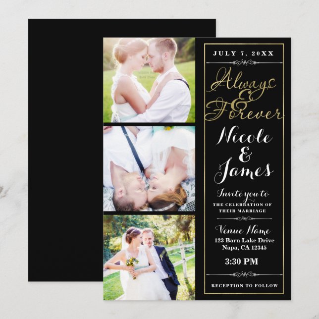 JEDENFALLS & FROVER Moderne 3-Foto-Black-Gold-Hoch Einladung (Vorne/Hinten)
