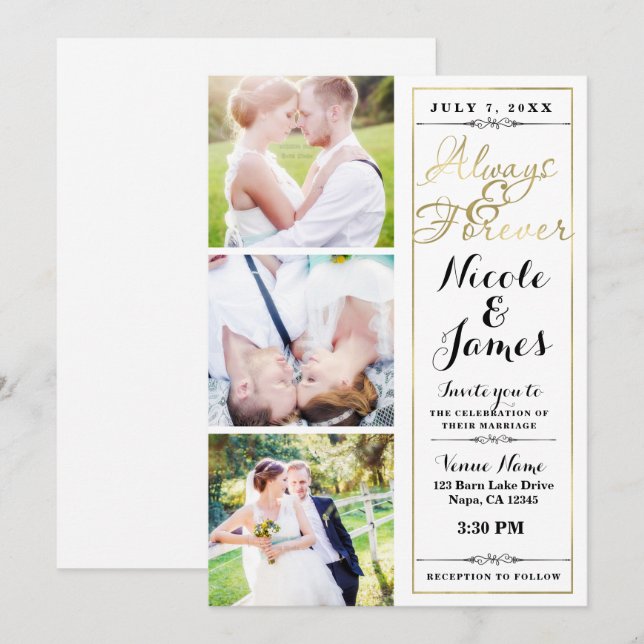 JEDENFALLS & FROVER Moderne 3-Foto-Goldhochzeit Einladung (Vorne/Hinten)