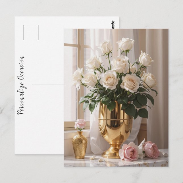 Jeder Fall Rose Bouquet Gold Vase in Sonnenlicht Postkarte (Vorne/Hinten)