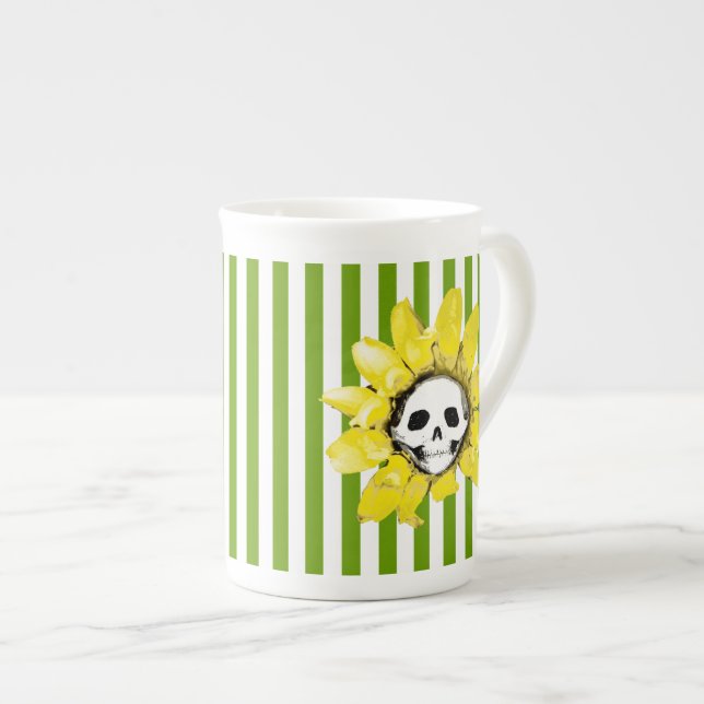 JEDER FARBSTRIPE Skull Sonnenblumen Tea Cup Prozellantasse (Vorderseite Rechts)