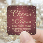 JEDER Geburtstag Cheers Brushed Burgundy Gold Conf Quadratischer Aufkleber<br><div class="desc">Fügen Sie eine personalisierte Touch zum Geburtstagsparty Dankeschön Noten oder Favoriten mit diesen burgundischen und goldenen quadratischen Aufkleber / Umschlag Aufkleber. Dieses Template ist für einen 50. Geburtstag Set, aber es ist einfach, um ein anderes Jahr oder eine Veranstaltung, wie zum Beispiel ein Jubiläum, anzupassen. Design-Features Folie sehen Konfetti-Punkte auf...</div>