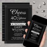 JEDER Geburtstag Cheers Classic Border Black and W Einladung<br><div class="desc">Freuen Sie sich auf ein stilvolles Geburtstagsfest mit Party Einladungen in Schwarz und Weiß. Alle Formulierungen auf dieser Vorlage (inklusive "Cheers to 40 Years") sind für einen 40. Geburtstag Set, können aber für jedes Jahr oder jede Art von Veranstaltung einfach personalisiert werden. Das Design besticht durch eine moderne Streifenrandlinie auf...</div>