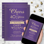 JEDER Geburtstag Cheers Classic Border Lila und Go Einladung<br><div class="desc">Freuen Sie sich auf ein elegantes Geburtstagsfest mit lila und goldenen Party Einladungen. Alle Formulierungen auf dieser Vorlage (inklusive "Cheers to 40 Years") sind für einen 40. Geburtstag Set, können aber für jedes Jahr oder jede Art von Veranstaltung einfach personalisiert werden. Das Design besticht durch eine moderne gestreifte Grenze auf...</div>