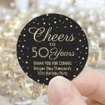 JEDER Geburtstag Cheers Elegante Black & Gold Conf Runder Aufkleber<br><div class="desc">Fügen Sie eine personalisierte Touch zum Geburtstagsparty Dankeschön Noten oder Favoriten mit benutzerdefinierten schwarzen und goldenen Rundkleber / Umschlag Aufkleber. Der gesamte Text ist einfach anzupassen oder zu löschen. Dieses Template ist für einen 50. Geburtstag Set, kann aber leicht in ein anderes Jahr oder eine Veranstaltung, wie z.B. ein Jubiläum,...</div>