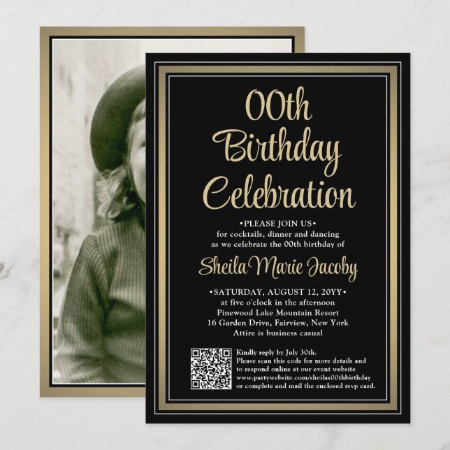 JEDER Geburtstag ・ Foto & QR Code Black & Gold Par Einladung (Vorne/Hinten)