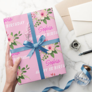 Jeder Geburtstag, Name, rosa Wasserfarben-Blume Geschenkpapier