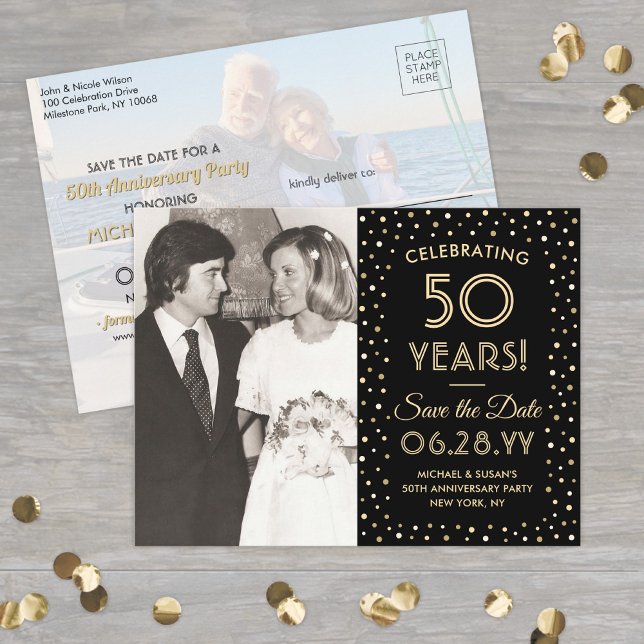 JEDER Jubiläum Save the Date 2 Foto Black & Gold Einladungspostkarte (Von Creator hochgeladen)