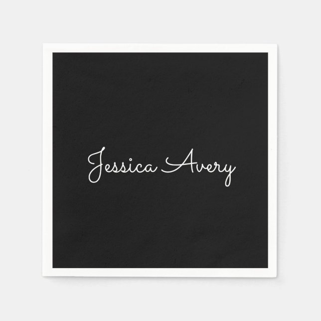 Jeder Name | Cool Editable White Script on Black Serviette (Vorderseite)