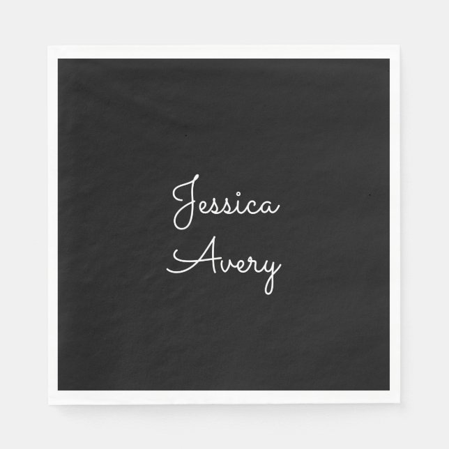 Jeder Name | Cool Editable White Script on Black Serviette (Vorderseite)