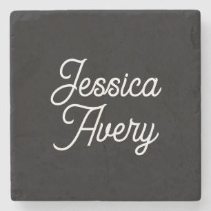 Jeder Name Elegantes Vintages, weißes Script auf Steinuntersetzer