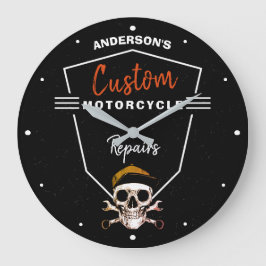 Jeder Name Motorrad Reparatur Custom Mechanic Skul Große Wanduhr