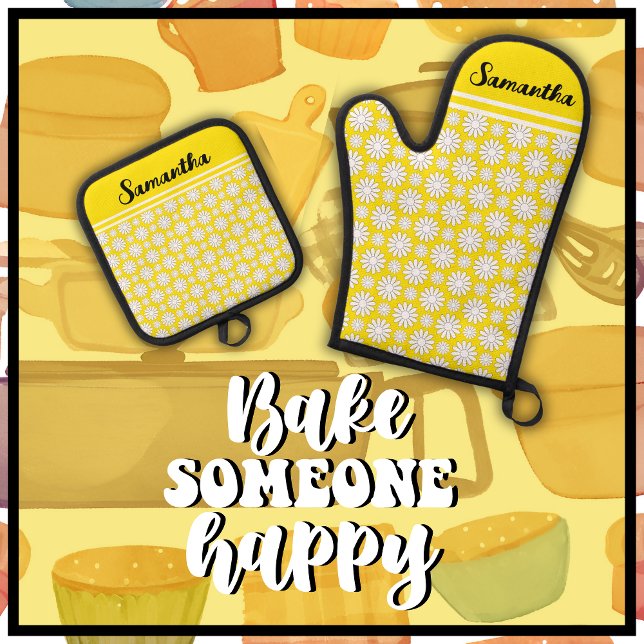 Jeder Name Niedlich florales Daisy-Muster Ofenhandschuh & Topflappen-Set (Bake Someone Happy with this cute yellow & white daisy pattern oven mitt and pot holder set.)