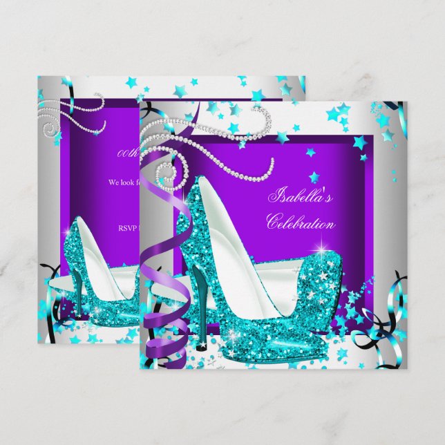 Jeder Occasions-Party-Glitzer Aquamarine Lila High Einladung (Vorne/Hinten)