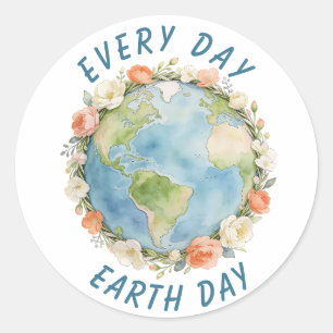 Jeder Tag ist Earth Day Kranz Blumen Aquarell Kuns Runder Aufkleber