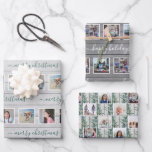 Jeder Text 12 Foto Collage Bauernhof Holz Weihnach Geschenkpapier Set<br><div class="desc">Feiern Sie die schlichten Urlaubsfreuden mit eleganter, individueller Collage aus Foto und typografischer Weihnachtsverpackung. Alle Texte und Fotos sind einfach zu personalisieren. Das moderne Bauernhaus-Design bietet 12 quadratische Bilder Ihrer Wahl, rustikales graues Imitat Holz, festliche Aquarellkiefer Grünflächen und stilvolle handgeschriebene Typografie Frohe Weihnachten. Die Aufnahme kann mit jedem beliebigen Text,...</div>