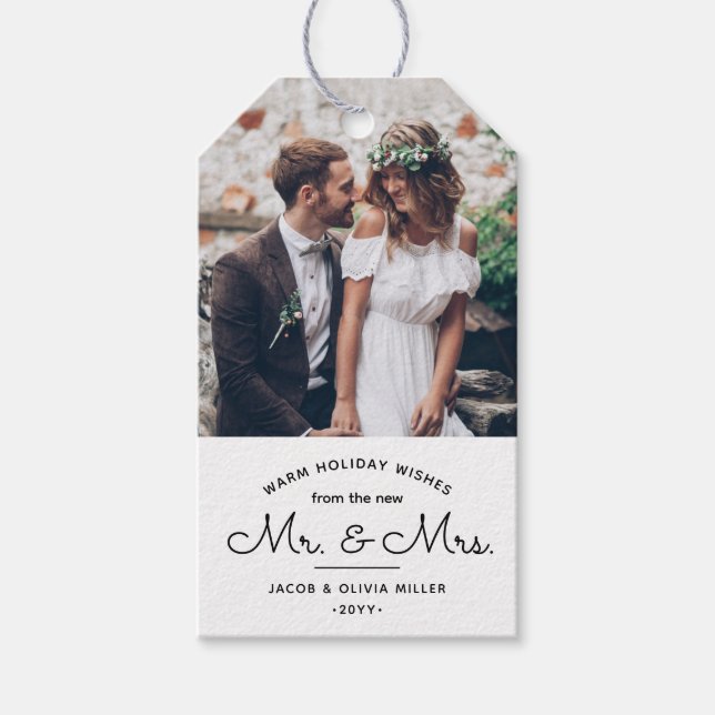 Jeder Text Einfach 2 Foto Neu-Mr. & Mrs. Geschenkanhänger (Vorderseite)