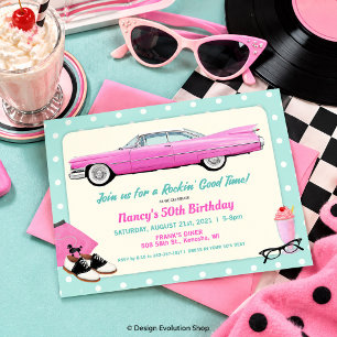 JEDES ALTER - 1950er Retro Pink Cadillac Geburtsta Einladung