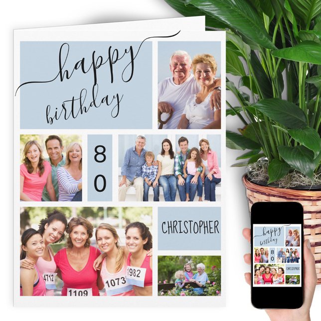 Jedes Alter 5 Foto Collage Gray Blue Custom Geburt Karte (Von Creator hochgeladen)