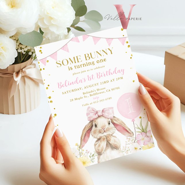 JEDES ALTER Bunny Pink Aquarell Wildblume Geburtst Einladung (Von Creator hochgeladen)