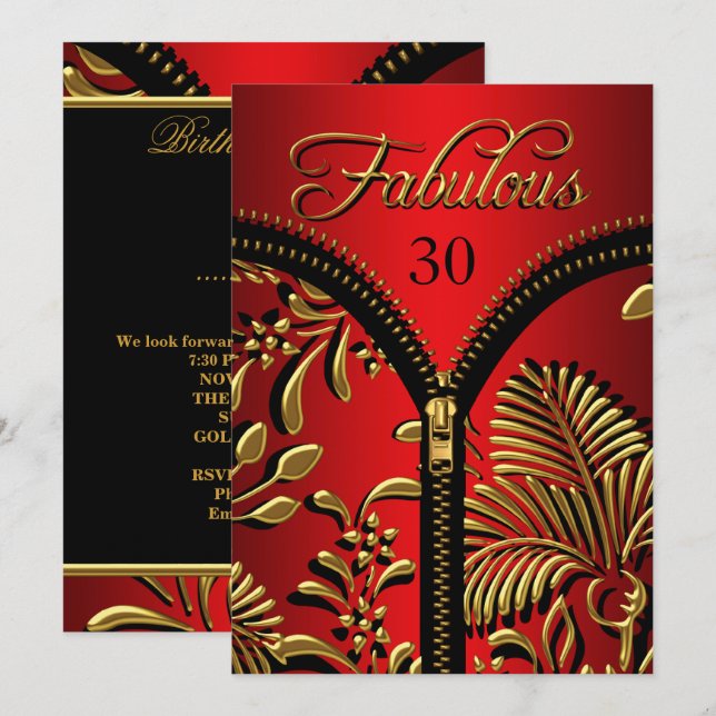 Jedes Alter Fabulous Royal Red Gold Black Geburtst Einladung (Vorne/Hinten)