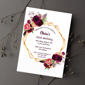 Jedes Alter Geburtstag burgundy Blumen Gold geomet Einladung