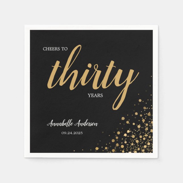 Jedes Alter jubeln 30 Black Gold Confetti Geburtst Serviette (Vorderseite)