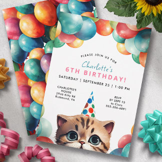 Jedes Alter | Kitty Cat Rainbow Balloons Kindergeb Einladung