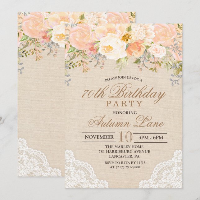 JEDES ALTER - Peach floral Lace Birthday Einladung (Vorne/Hinten)