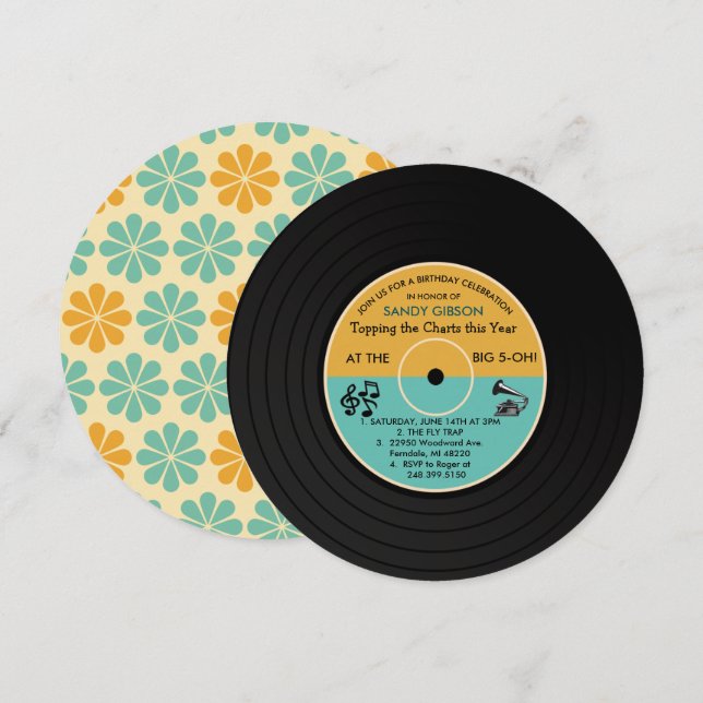JEDES ALTER - Retro Vinyl Record Einladung zum Geb (Vorne/Hinten)