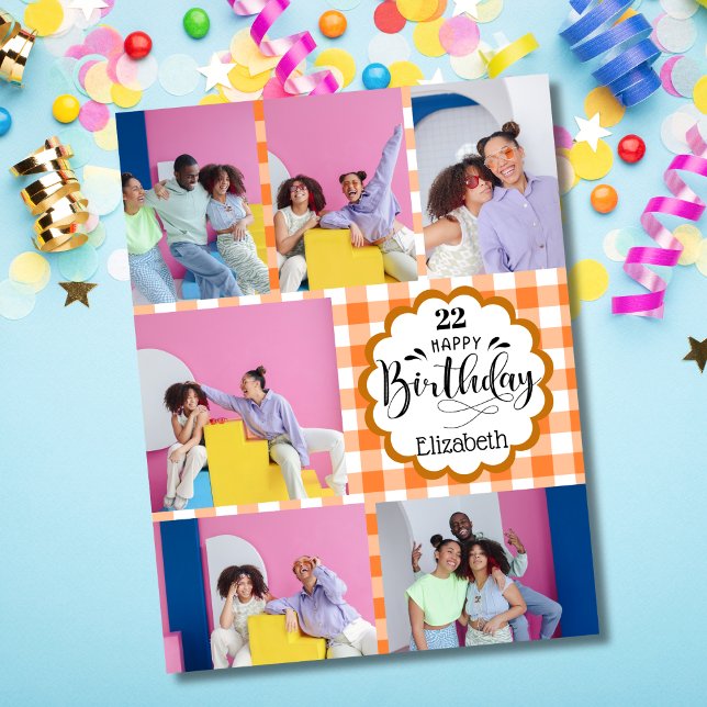 Jedes Alter weibliche Orange 7 Foto Collage Geburt Karte (Von Creator hochgeladen)