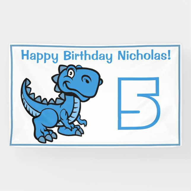 Jedes Alter weiß und blau T Rex Dinosaurier Geburt Banner (Horizontal)