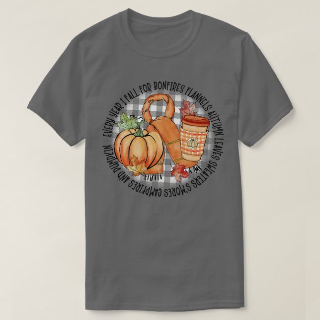 Jedes Jahr fällt ich auf Bonfire Flannels Herbst L T-Shirt (Design vorne)