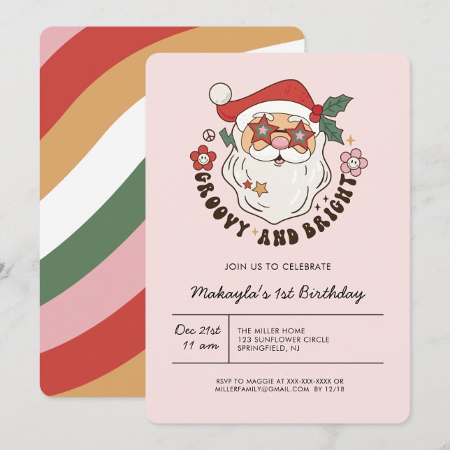 Jedes Jahr farbenfrohe Groovy Retro Weihnachten Ge Einladung (Vorne/Hinten)