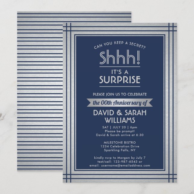 JEDES JAHR Überraschung Jubiläum Navy Blue und Sil Einladung (Vorne/Hinten)