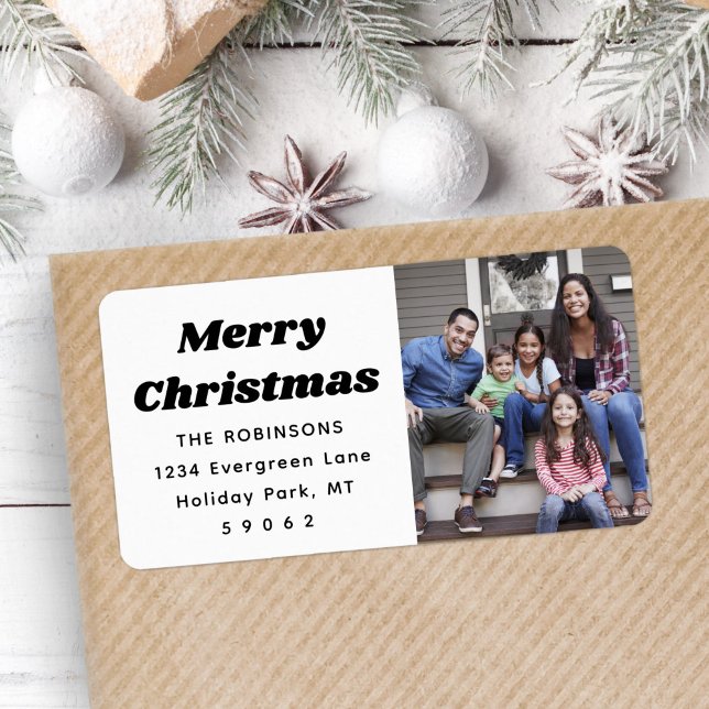 Jedes Text Weihnachts-Foto Chic Retro-Rücksendeadr Adressaufkleber (Von Creator hochgeladen)