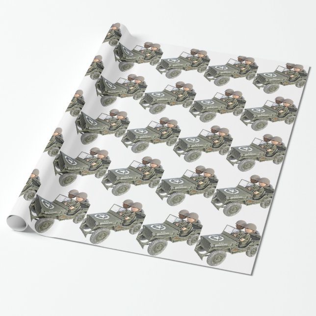Jeep mit 2 Cartoonsoldaten Geschenkpapier (Ungerollt)