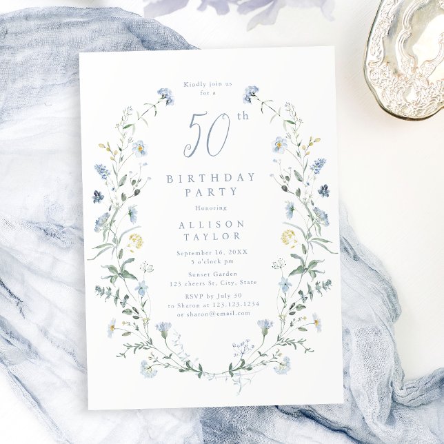 Jegliche Age Dusty Blue Wildblume Boho 50. Geburts Einladung (Any Age Dusty Blue Wildflower Boho 50th Birthday Invitation)