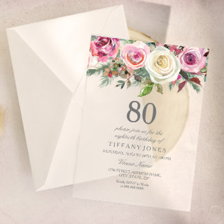 Jegliche Age White Rose Floral 80. Geburtstag Einl Acryleinladungen