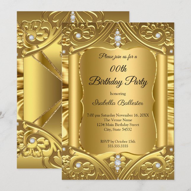 Jegliche Alters Birthday Party Gold Diamonds Bilde Einladung (Vorne/Hinten)